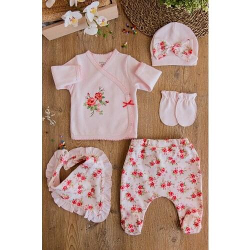 Flaneur Baby Newborn Baby Girl %100 Cotton Pink Natural Organic 5 Piece Long Sleeve Gift Set Baby Outfit