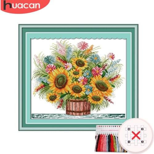HUACAN Embroidery Sunflower Kit Needlework Cross Stitch Floral Sets White Canvas DIY Gift Home Decor 11CT 14CT