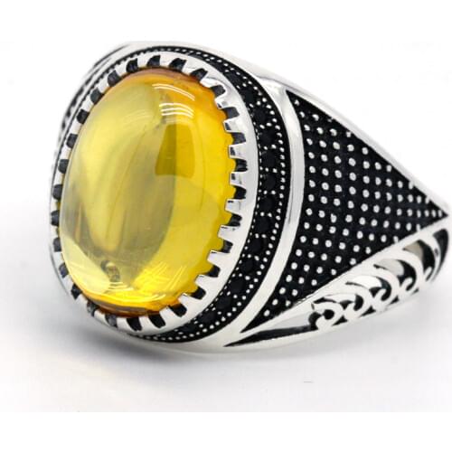 New S925 sterling silver natural zircon mens ring, yellow zircon Turkish gemstone ring, mens jewelry