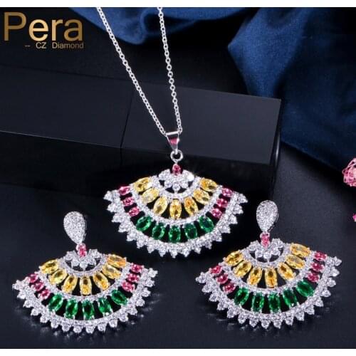 Pera Elegant Women Prom Party Summer Style Jewelry Set Big Fan Shape AAA Multi Colored Cubic Zirconia Necklace And Earrings J027