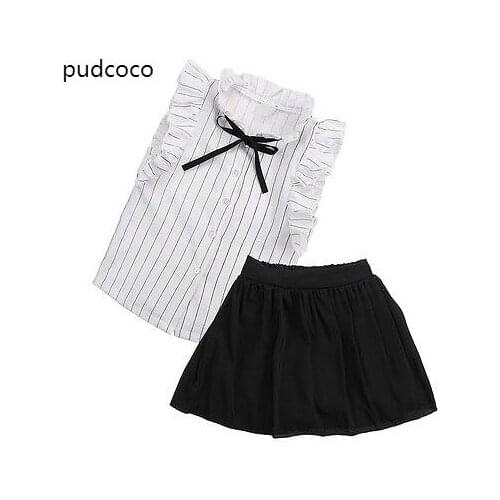 Baby Girls Summer Ruffle Striped Blouse Shirt Tops+Short Skirts 2pcs Outfits Clothes Set Sleeveless Tshirts Black Skirt Clothing