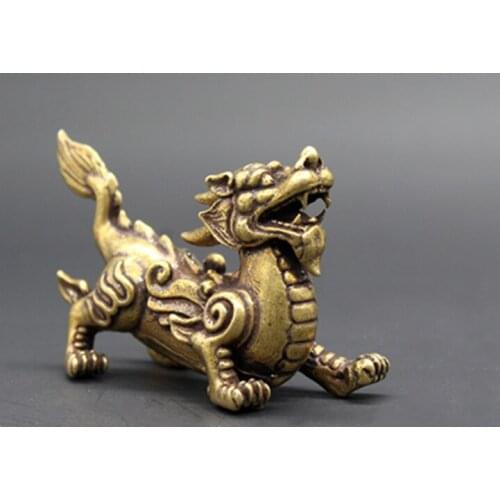 Mini)Delicate Old-style Brass Carved Ancient Chinese Mythical Beast Kirin Statue Auspicious Pendant