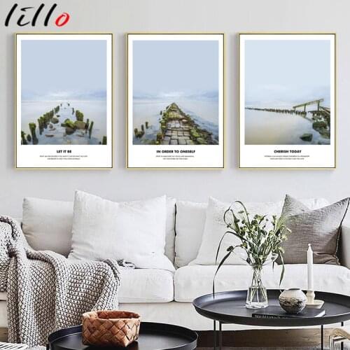 Bridge cloud sea sky stone path road wall art canvas painting Nordic poster and prints wall pictures for living room decoration