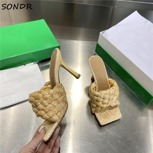 Fashion Cross Woven High Heels Slippers Women Brand Braid Slip On Mules Designer Beach Slides Ladies Summer Party Shoes 2021