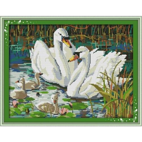 Joy Sunday Swans playing by the lake Cross Stitch Kit pattern Printed Chinese embroidery needlework suitable for hanging at home