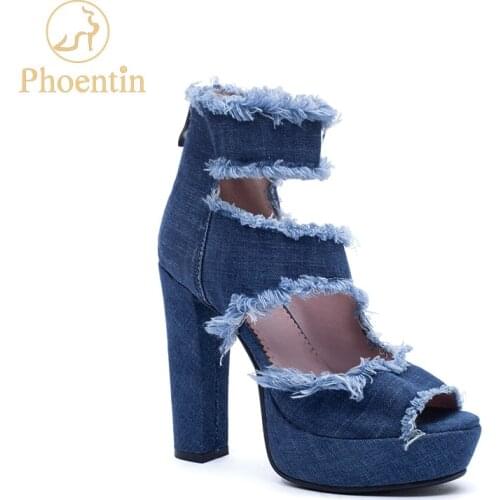 Phoentin 2019 hollow summer denim ankle boots super high heels 12cm platform sandal boots with back zip blue shoes women FT692