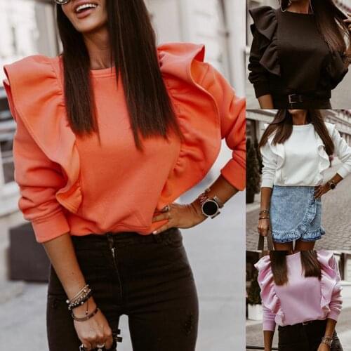 Casual Women O Neck Ruffle Blouse Shirt Long Sleeve Thick Pullover Top for Autumn Winter