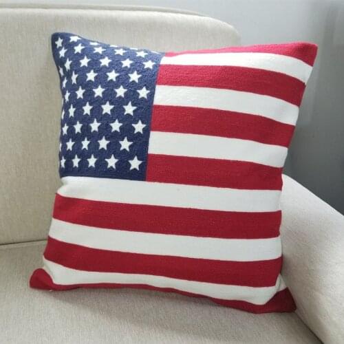 Modern Cotton Embroidery Flag Red Blue Stripes Stars Decorative Pillow Case White Sofa Chair Cushion Cover 45x45cm 1pc/lot