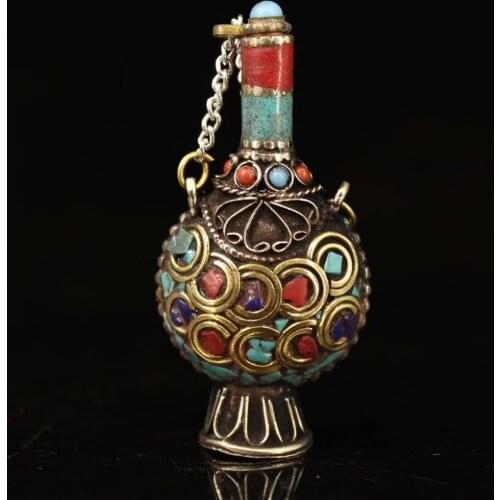 Tibetan old hand-made pure copper handcrafted inlaid gemstone snuff bottle /1