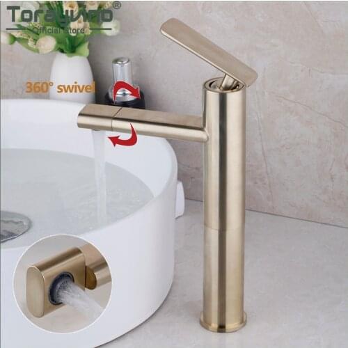 Torayvino 360 Swivel Spout Bathroom Faucets Brushed Gold Brass Solid Deck Mounted Basin Sink Hot And Cold Mixer Waterfall Tap