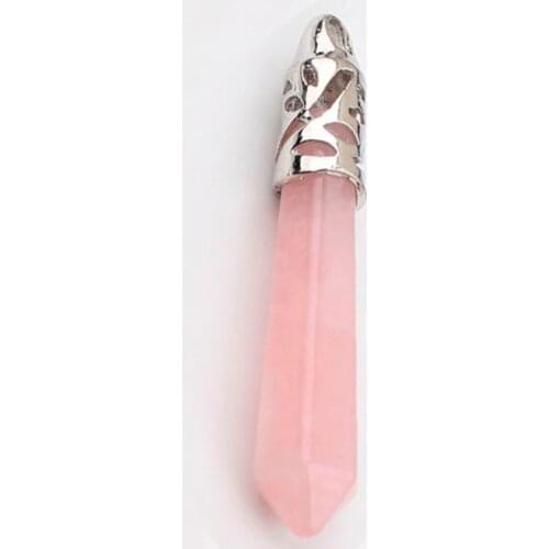 Trendy-beads Silver Plated Natural Rose Pink Quartz Hexagon Prism Pendulum Pendant For Female Jewelry