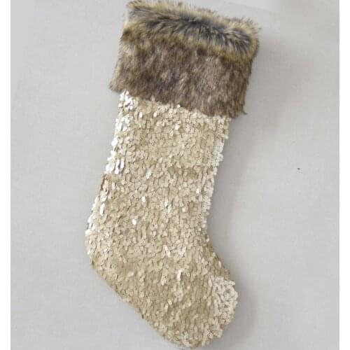 Decoration Sequin Glitter body Christmas stocking with faux fur decoration cuff Gold/silvery