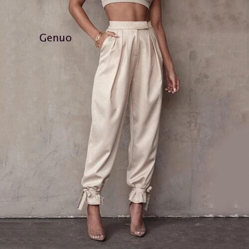 Women Pant Celmia Fashion High Waist Harem Pant Lady Office Solid Color Satin Silk Trousers Casual Pleated Long Pantalon Bandage