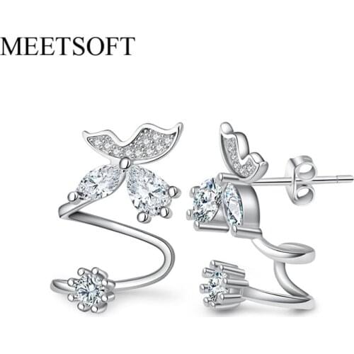 MEETSOFT Silver Plated Prevent Allergy Fashion Stud Earrings for Women Design Trendy Small Crystal Butterfly Jewelry Gift