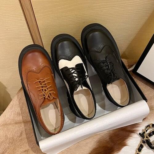 Spring/autumn 2021 Women Shoes Round Toe Lace-Up Chunky Heel Fashion All-match Platform Shoes Color Matching Large Size 34-43