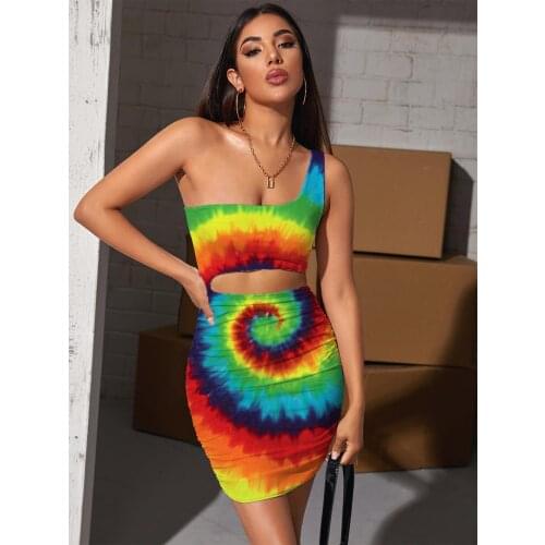 Giyu Brand Dizziness Dress Women Colorful Pleating Rainbow Vestido Sexy Art Hollow out Dresses Womens Clothing Mini Evening