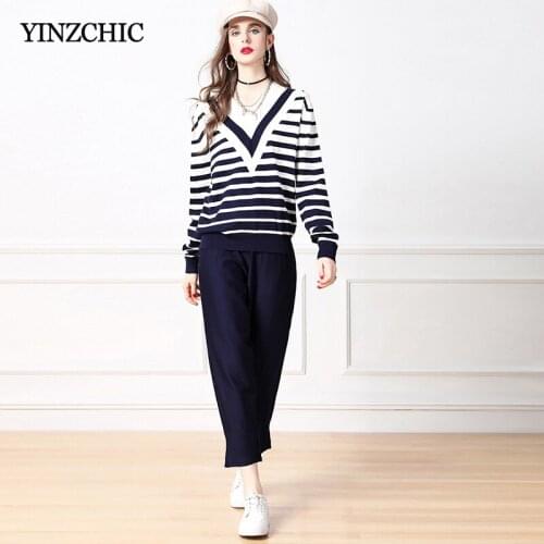 Winter Woman Knitted 2pcs Suits Striped Sweater + Long Pants Sets Autumn V-neck Ladies Casual Woolen Top Pants Suits