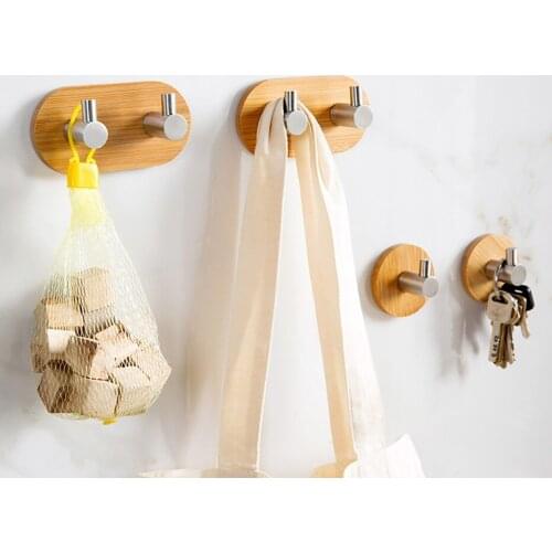 1PC Adhesive Bamboo Stainless Steel Hook Wall Clothes Bag Headphone Key Hanger Kitchen Bathroom Door Towel Shelf Rack QA 171