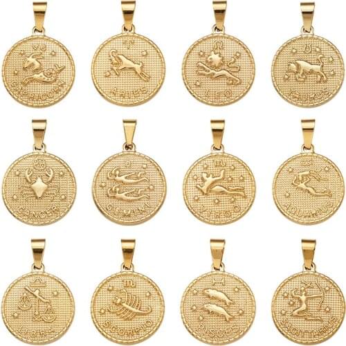 12pcs/set Stainless Steel Pendant Flat Round with Twelve Constellation/Zodiac Sign For DIY Jewelry Necklace Making Accessories
