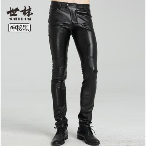 Spring autumn warm personality fashion motorcycle faux leather pants mens feet pants pu trousers men pantalon homme black youth