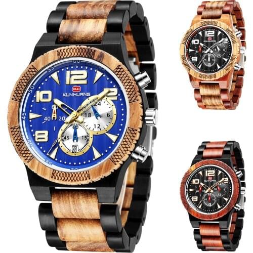 Mens Watch Large Dial Sports Watches Men Multi-function Sandalwood Quartz WirstWatch with Luminous Wood Watch Relogio Masculino