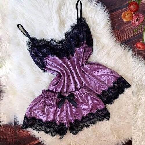 Womens Sexy Exotic Set Lingerie Lace Patchwork Sling Nightwear V-Neck Mesh Tank Top+Bowknot Shorts Female Sleepwear