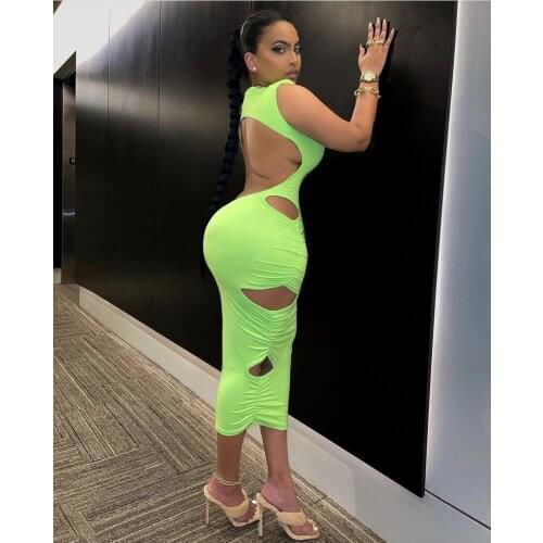 DSMTRC 2021 Sexy Partywear Blackless Dress for Woman Hollow Out Green High Neck Long Dress Solid Color Sleeveless Night Vestidos