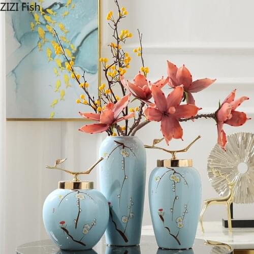 European Style Ceramic Vase Storage Jar with Lid Porcelain Hand-painted Floral Crafts Table Flower Vases Living Room Decorations