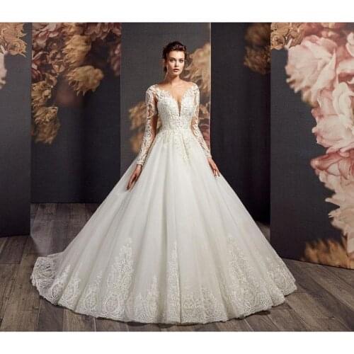 Ivory Lace Tulle Beading Scoop Long Sleeves Floor-Length Ball Gown Wedding Dresses Chapel Train Custom Made