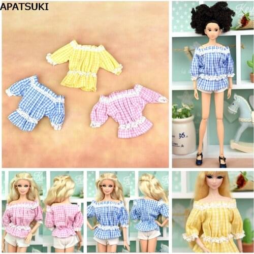 Fashion Off-shoulder 3Color Plaid Clothes For Barbie Doll Lace Flounced Top & White Shorts Outfit For 1/6 BJD Doll Accessories