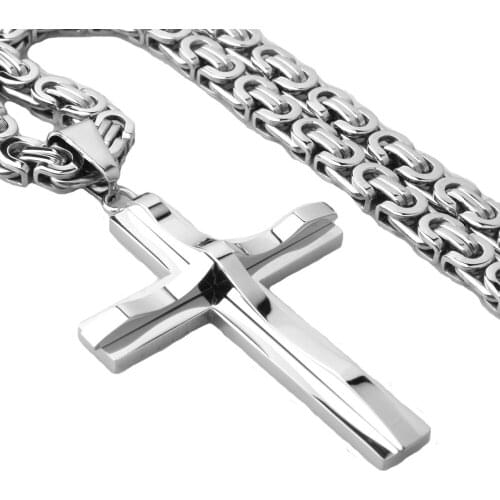 Fashion Silver Color Cross Necklace 316L Stainless Steel Pendant With Byzantine Chain 16"-40" Men Women Curb Cuban Necklace