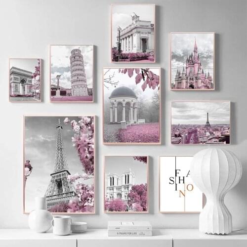 Pink Paris Wall Art Flower France City Building Poster Print Castle Canvas Painting Nordic Wall Pictures For Living Room Decor