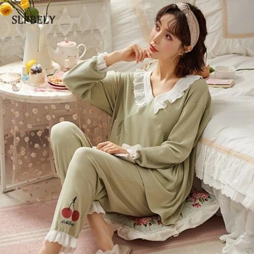 SLPBELY Solid Women Pajamas Set Pyjamas Spring Princess V Neck Lace Long Sleeve Casual Sleepwear Homewear Nightwear Pijamas 2021