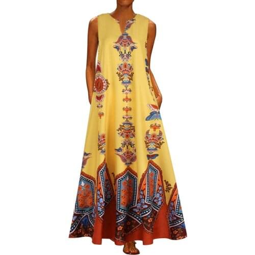 Print Maxi Dress Summer Sleeveless V-neck Off Shoulder Casual One-piece Sundress Ladies Boho Casual Beach Holiday Long Dresses