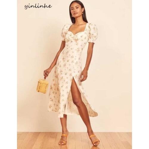 Yinlinhe Square Collar Vintage Summer Dress Puff Sleeve long Dress Women Slim French Niche Style high split party Dresses 2033