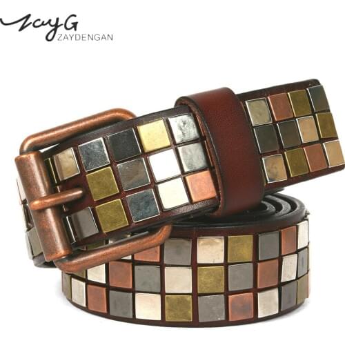 ZAYG New Fashion Rivets Colorful Plaid Belt Women Men Hot Luxury Designer PU Leather Punk Belts Unisex Hip Hop Strap Street Belt