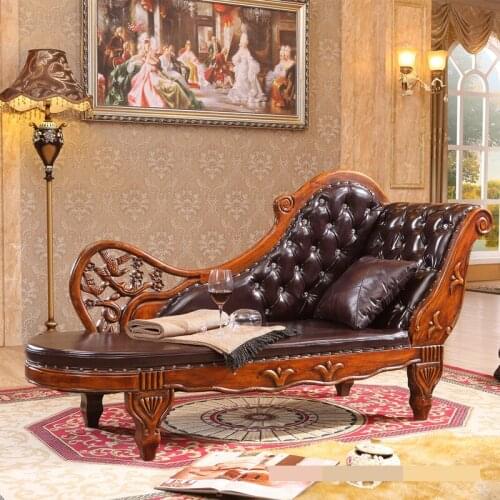 Solid wood leather chaise couch European style chaise longue beauty chair bedroom sofa chair American bird chaise longue