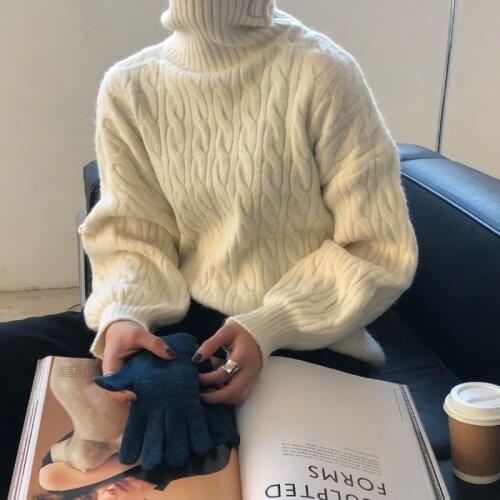 Woman Sweaters Chandails Womens Turtleneck Sweater Autumn Winter Pullover Loose Outer Wear White Shirt Cable-Knit Sweater