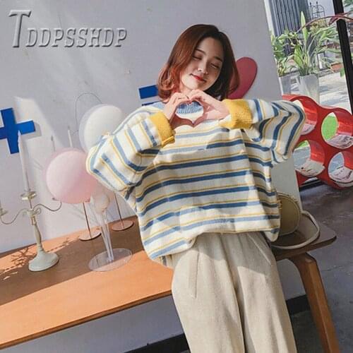 2019 New Stripe Women Sweater Korean Loose Pullover Long Sleeve Easy To Match Round Neck Female Sweaters