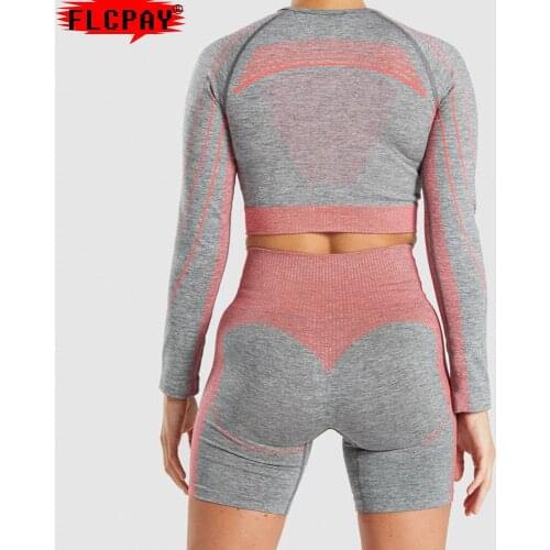 Women Workout 2 Piece Outfit Yoga Stretch Top Set High Waist Sport Shorts Elastic Legging Long Sleeve T-shirts Tracksuits