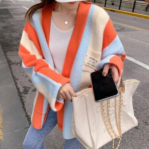 Korean Girls Sweaters Autumn Sweater Colorful Striped Cardigan Womens Single Breasted V-neck Knitwear Cozy Loose Cardigans