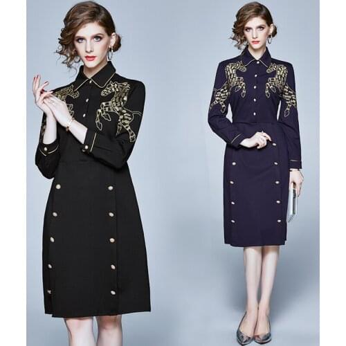 Womens Spring and Autumn New Fashion Slim-Fit Gold Thread Embroidery Pattern Single Breasted Lapel Long-Sleeve Dress