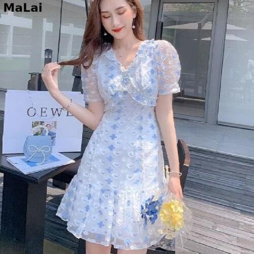 Blue Elegant Floral Dresses Women Vintage Sexy V-Neck Designer Sweet Mini Dress 2021 Summer Female Casual Pretty Fishtail Dress
