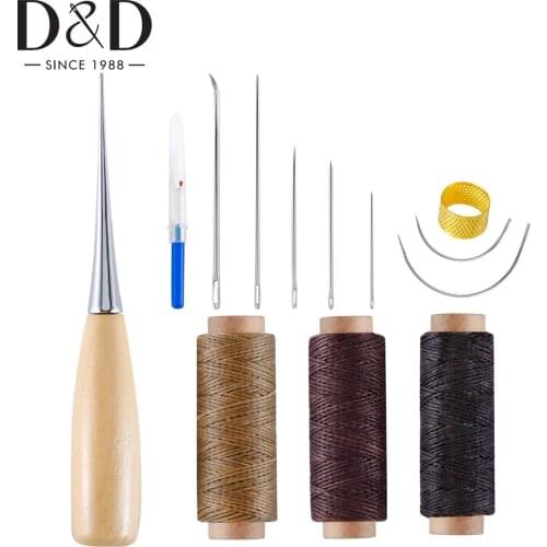 13pcs Leather Craft Tools Kit Curved Upholstery Hand Sewing Needles &Leather Waxed Thread & Wooden Awl DIY Leather Repair Tools