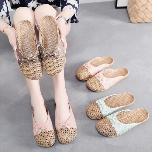 2021 New Fashion Summer Linen Grass Woven Sandals Womens Linen Slippers Home Indoor No-Skid Floor Platform Rattan Women Sliopers