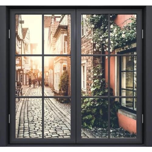 3D Hot Black Window Old Street Landscape Window Frame Mural Vinyl Bedroom Wallpaper Wall Decals Stickers Christmas Wall Sticker