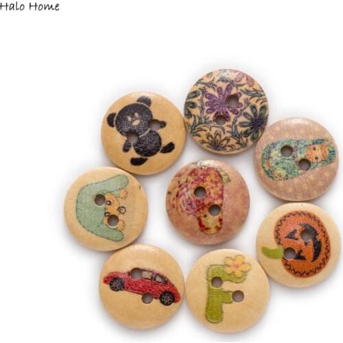 50pcs Big mix random Printing Round primary color Wood buttons Sewing Scrapbook Clothing Gifts Crafts Handwork Accessories 15mm