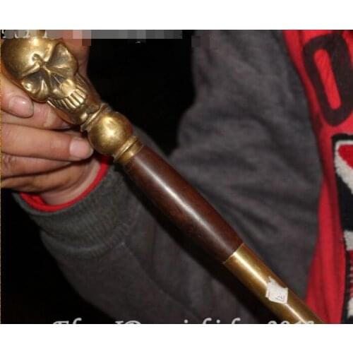Grandpa Good Lucky Old Folk 89cm China BRASS Human skeleton skull deaths-head Crutch Walking stick Crosier
