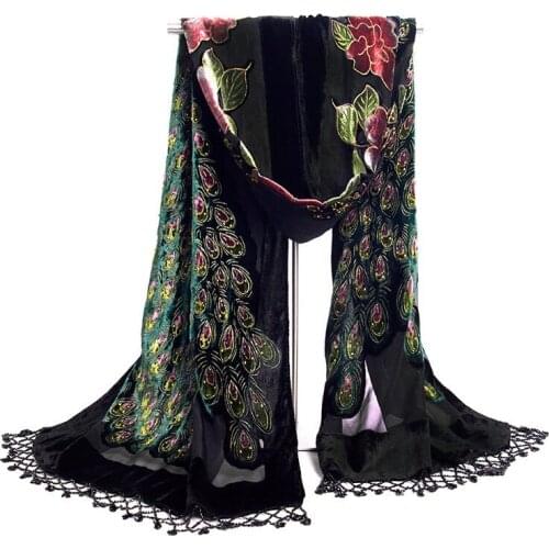Hot Sale Black Chinese Womens Velvet Silk Beaded Shawl Embroidery Scarf Wrap Scarves Peafowl Free Shipping WS006-C