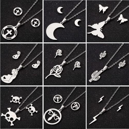 Hfarich Gothic Skull Necklace Women Men Stainless Steel Cute Moon Butterfly Jewelry Sets Cross Lightning Chain Necklace 2019